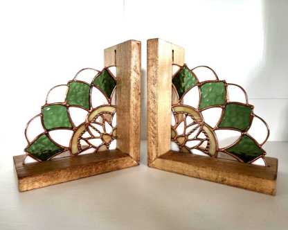 Stained Glass Mandala Bookends, Maple Wood Boho Shelf Decor