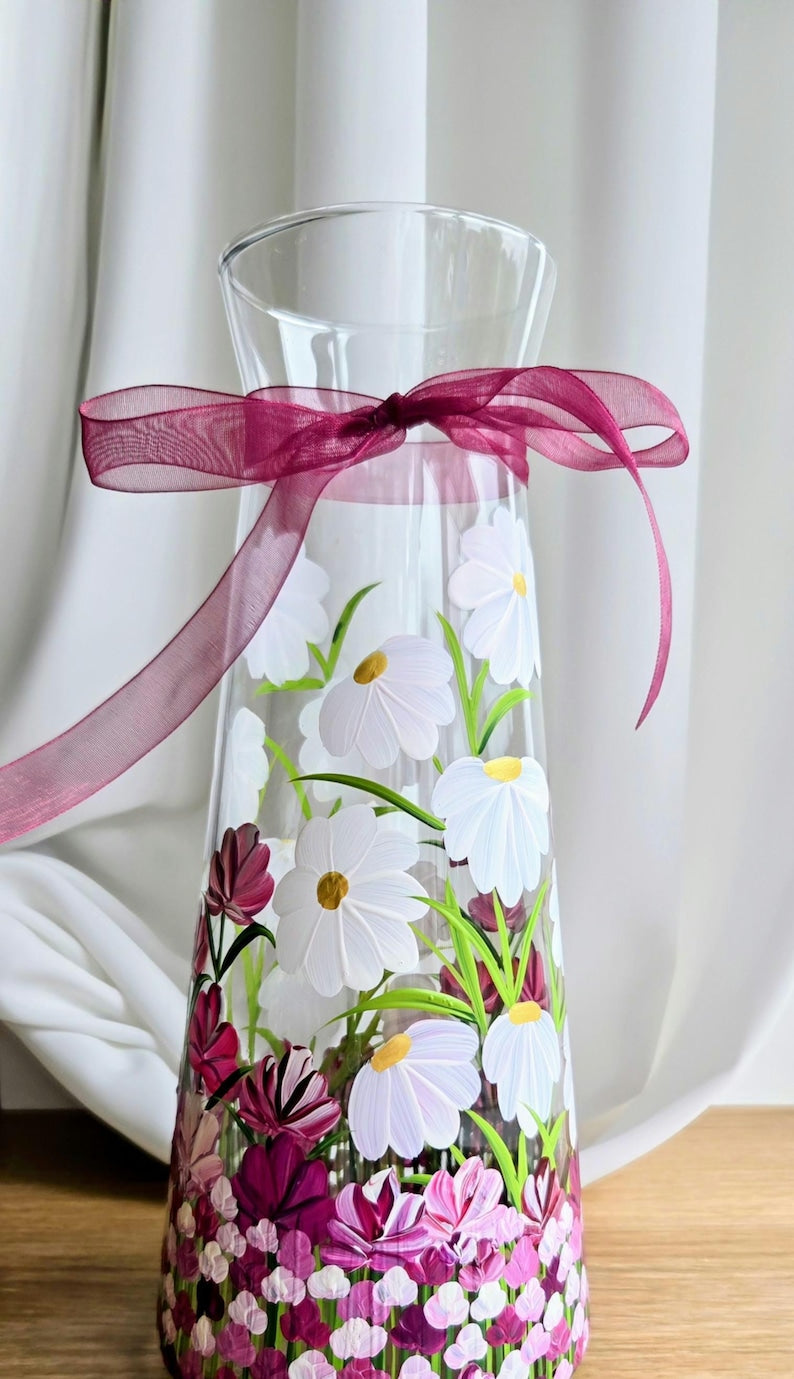Hand Painted Vase: Pink Flower Glass Vase, Floral Art