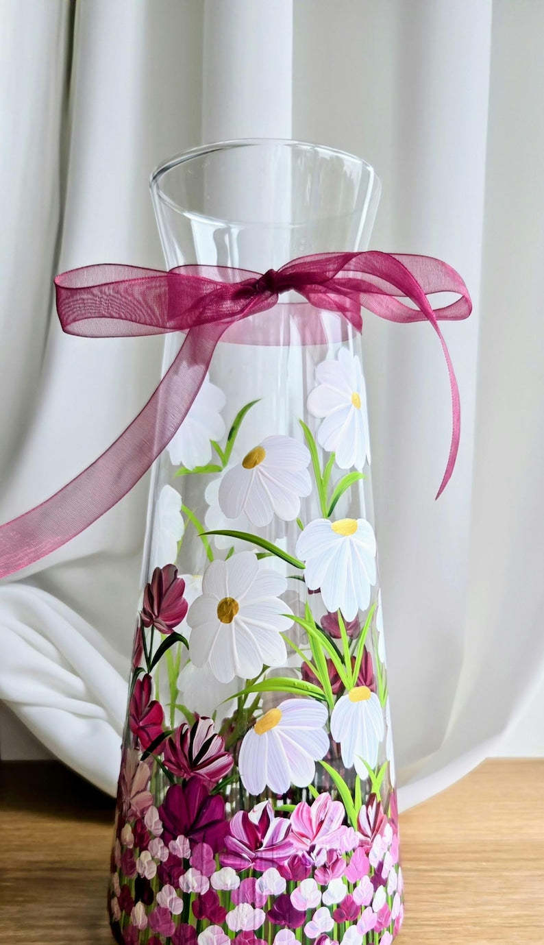 Hand Painted Vase: Pink Flower Glass Vase, Floral Art