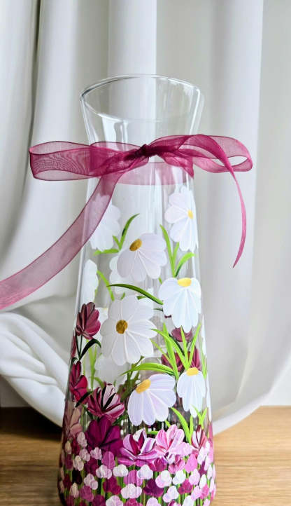 Hand Painted Vase: Pink Flower Glass Vase, Floral Art