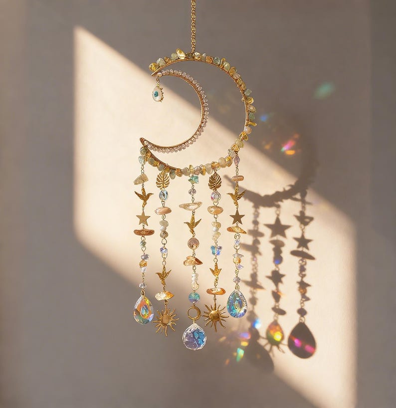 Crystal Suncatcher Crescent Moon Healing Rainbow Maker Boho Decor