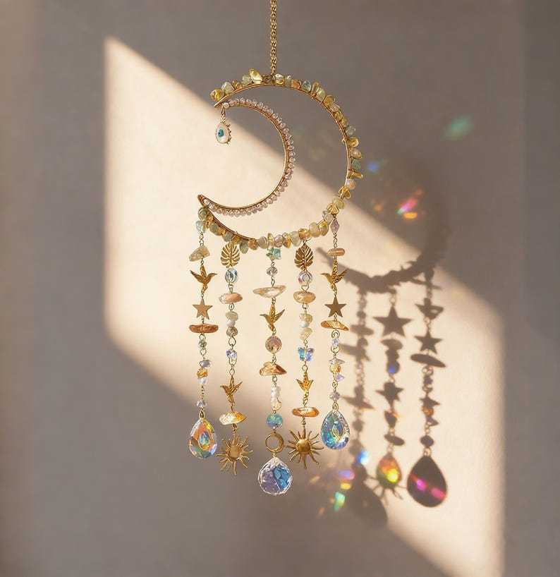 Crystal Suncatcher Crescent Moon Healing Rainbow Maker Boho Decor