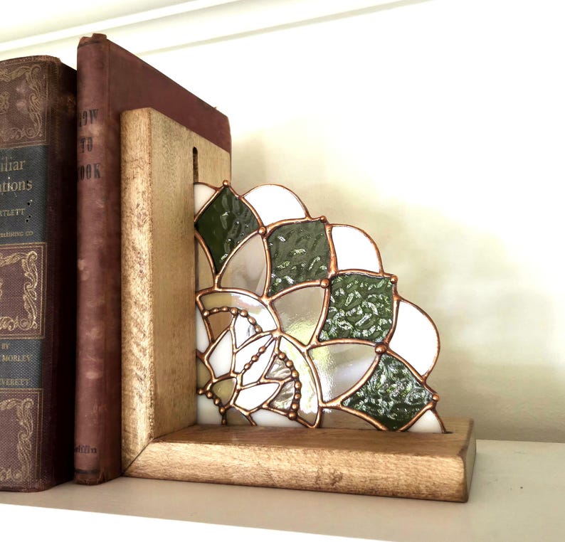 Stained Glass Mandala Bookends, Maple Wood Boho Shelf Decor