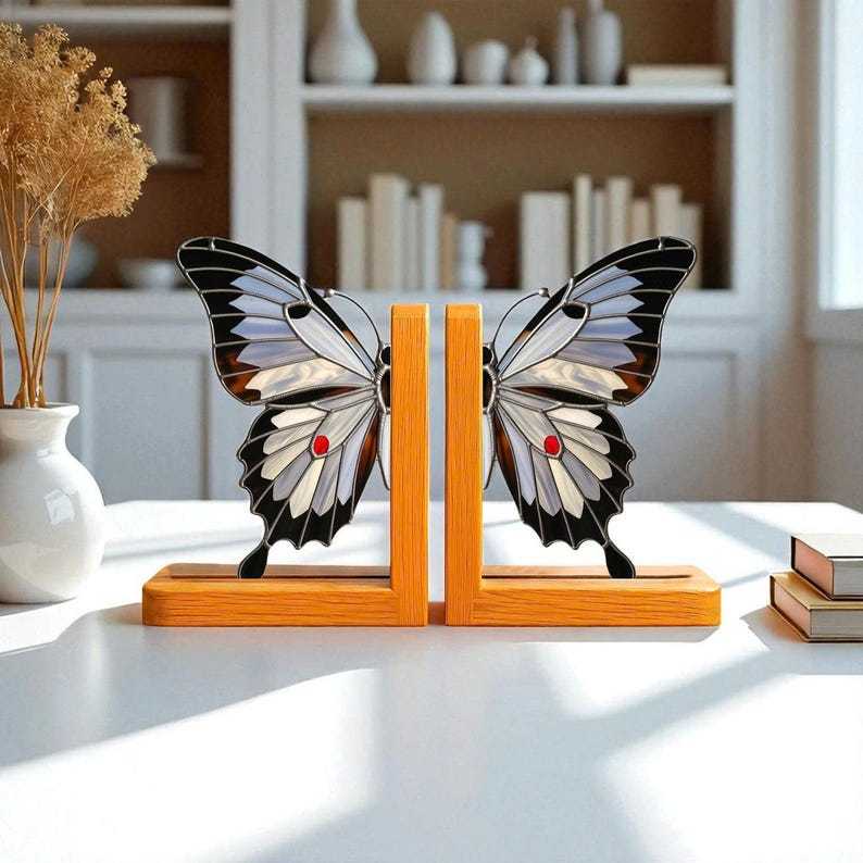 Stained Glass Butterfly Bookends, Gothic Halloween Oak Shelf Decor