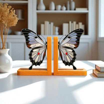 Stained Glass Butterfly Bookends, Gothic Halloween Oak Shelf Decor