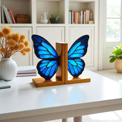 Stained Glass Butterfly Bookends, Gothic Halloween Oak Shelf Decor