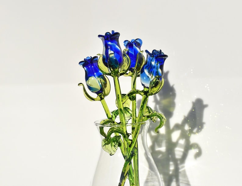 Glass Rose, Blue Glass Flowers Bouquet, Blown Glass Floral Decor