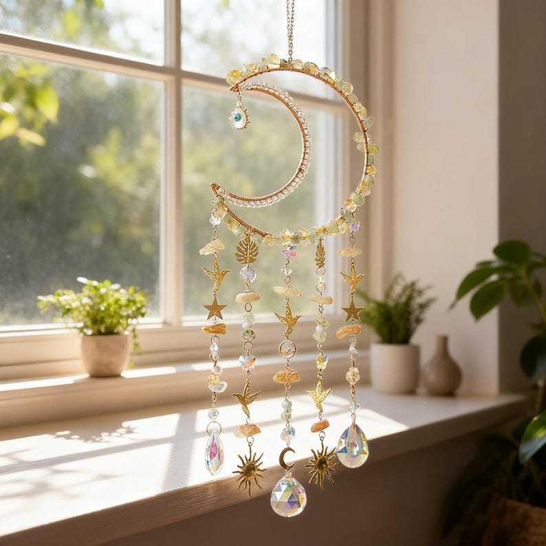 Crystal Suncatcher Crescent Moon Healing Rainbow Maker Boho Decor