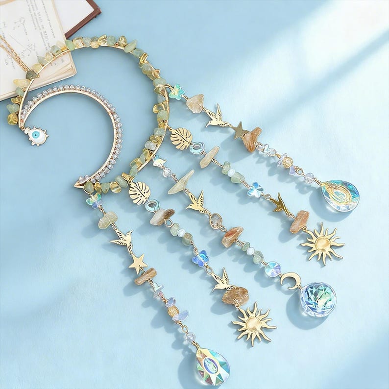 Crystal Suncatcher Crescent Moon Healing Rainbow Maker Boho Decor