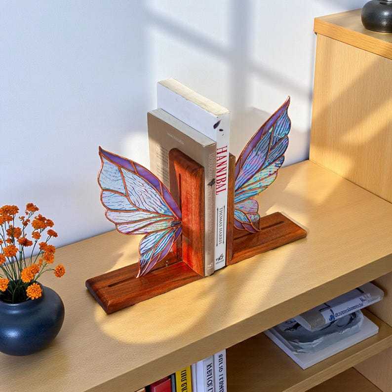 Fairy Wing Stained Glass Bookends, Fantasy Shelf Decor