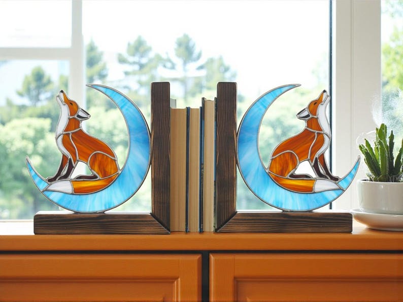 Fox Stained Glass Bookend & Suncatcher — Handmade Home Decor Gift, Woodland Animal Art, Stained Glass Book Lover Gift