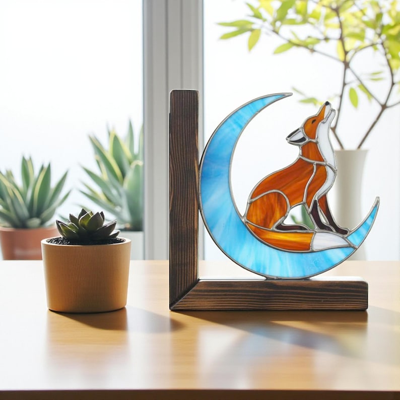 Fox Stained Glass Bookend & Suncatcher — Handmade Home Decor Gift, Woodland Animal Art, Stained Glass Book Lover Gift