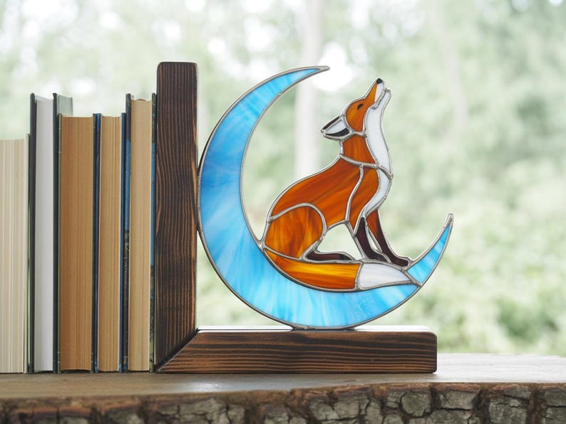Fox Stained Glass Bookend & Suncatcher — Handmade Home Decor Gift, Woodland Animal Art, Stained Glass Book Lover Gift