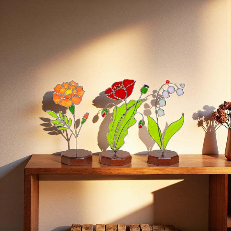 Peony Stained Glass Flower, November Birth Flower Table Decor