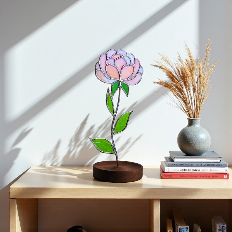 Peony Stained Glass Flower, November Birth Flower Table Decor