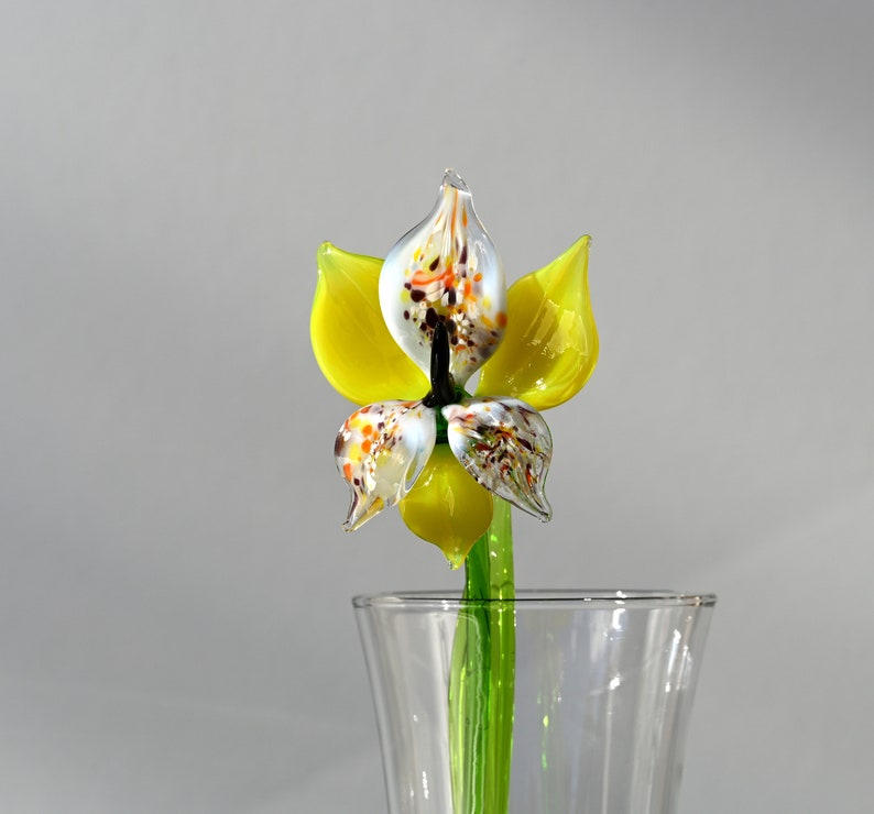 Blown Glass Yellow Orchid Flower, Valentines Day Floral Gift Decor