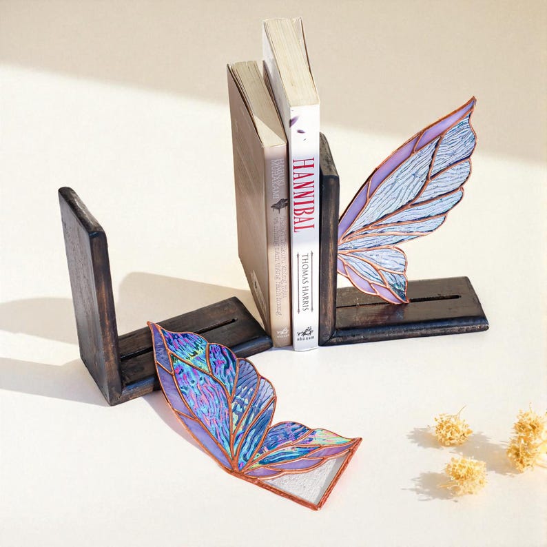 Fairy Wing Stained Glass Bookends, Fantasy Shelf Decor