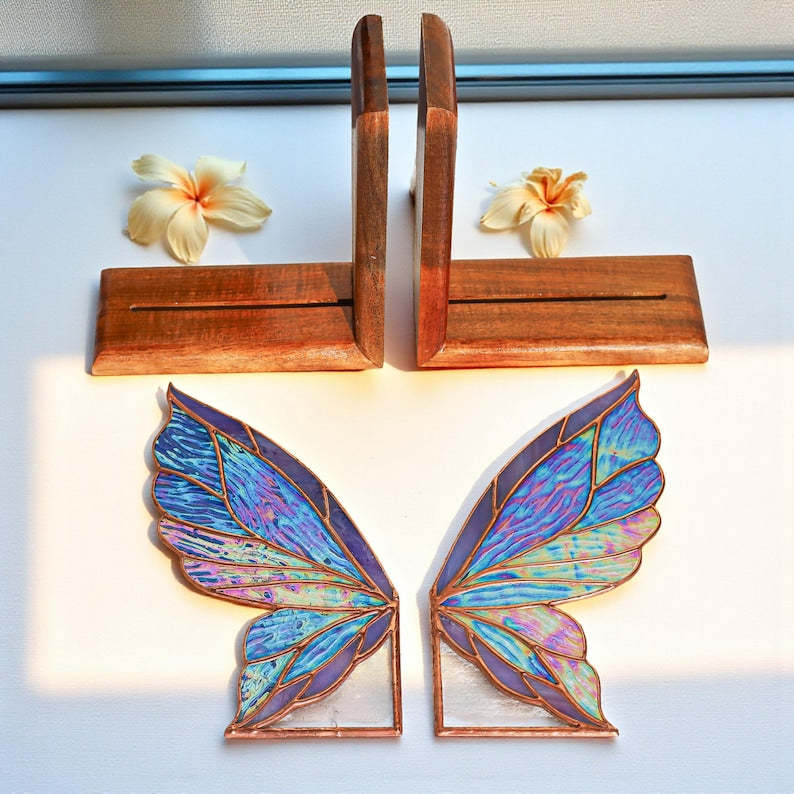 Fairy Wing Stained Glass Bookends, Fantasy Shelf Decor