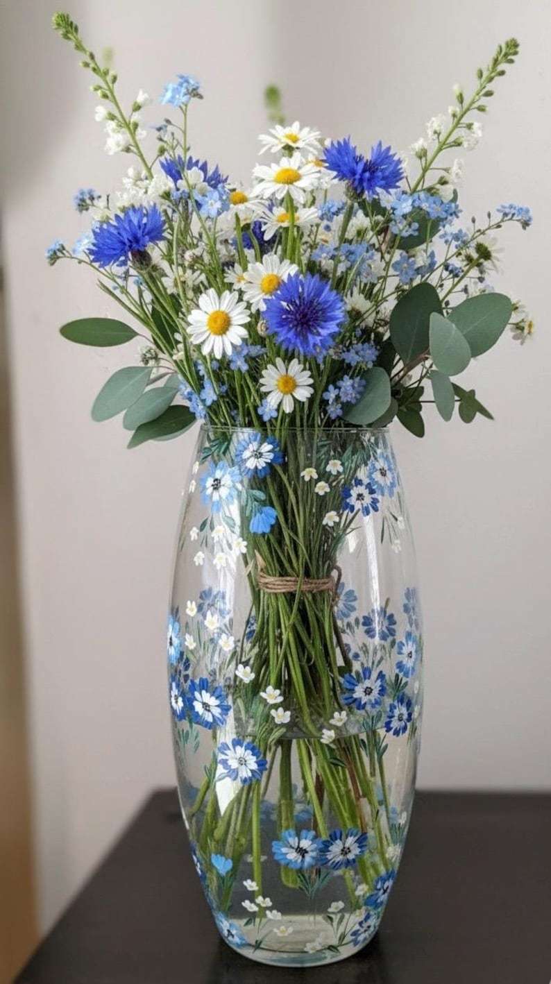 Floral Glass Vase 10", Painted Flower Vase for Wedding Gift