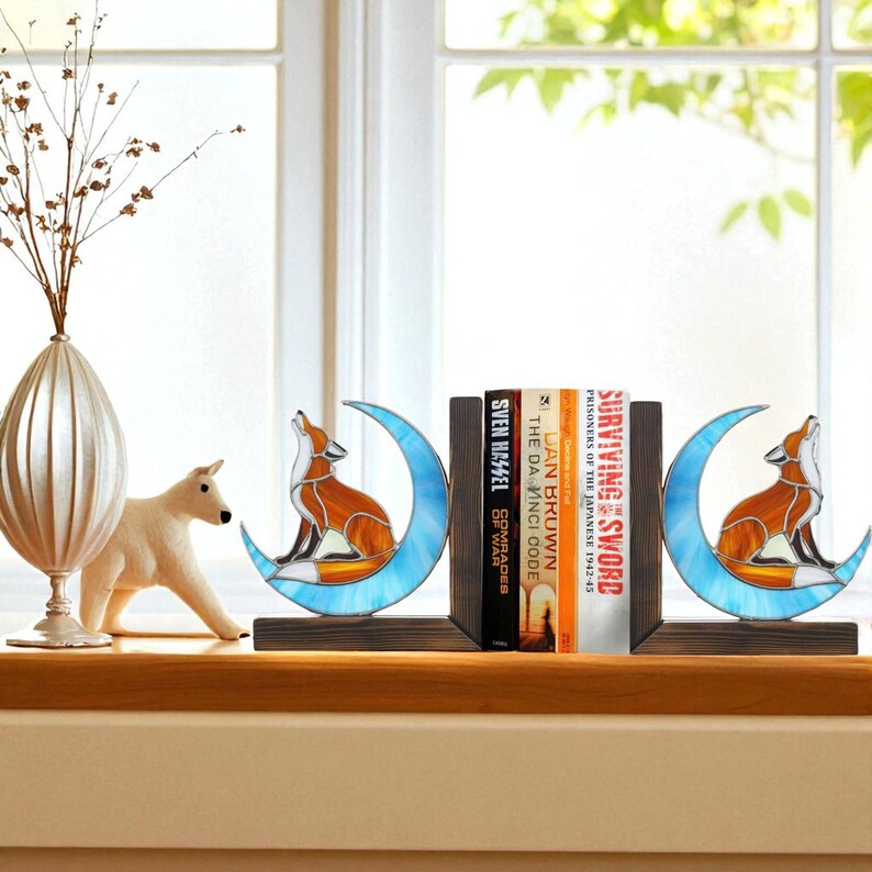 Fox Stained Glass Bookend & Suncatcher — Handmade Home Decor Gift, Woodland Animal Art, Stained Glass Book Lover Gift