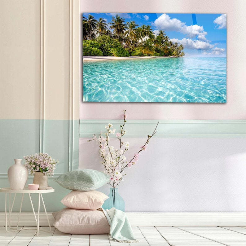 Tropical Island Glass Wall Art – Coastal Beach Decor