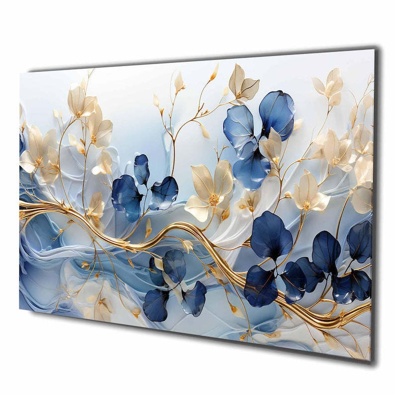 Blue Floral Tempered Glass Wall Art: Modern Panoramic Decor