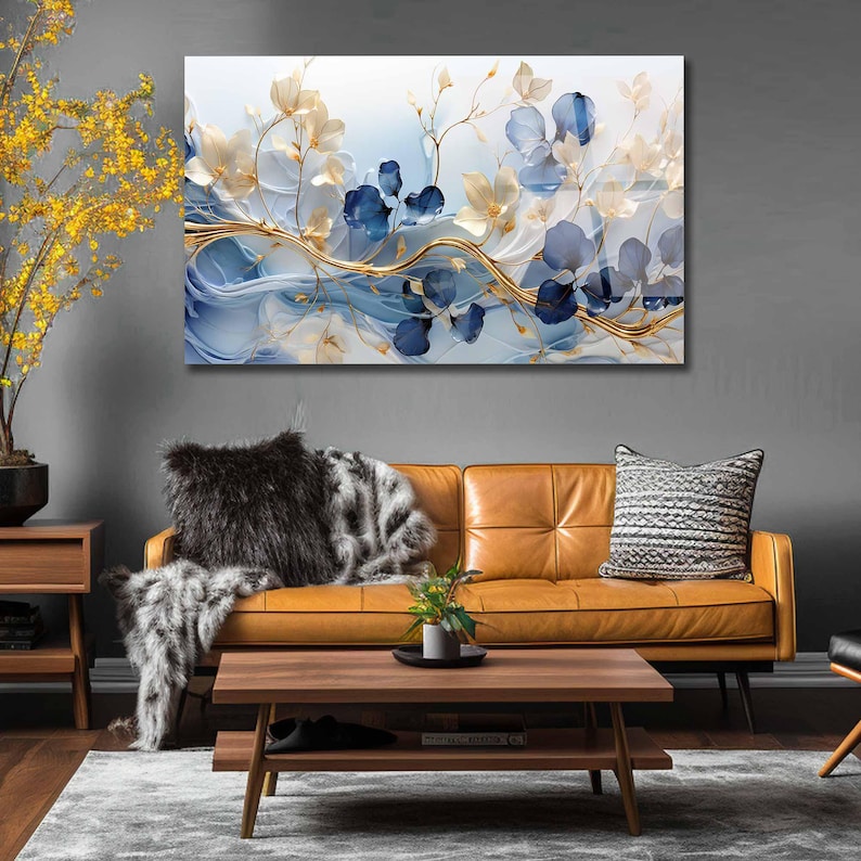 Blue Floral Tempered Glass Wall Art: Modern Panoramic Decor