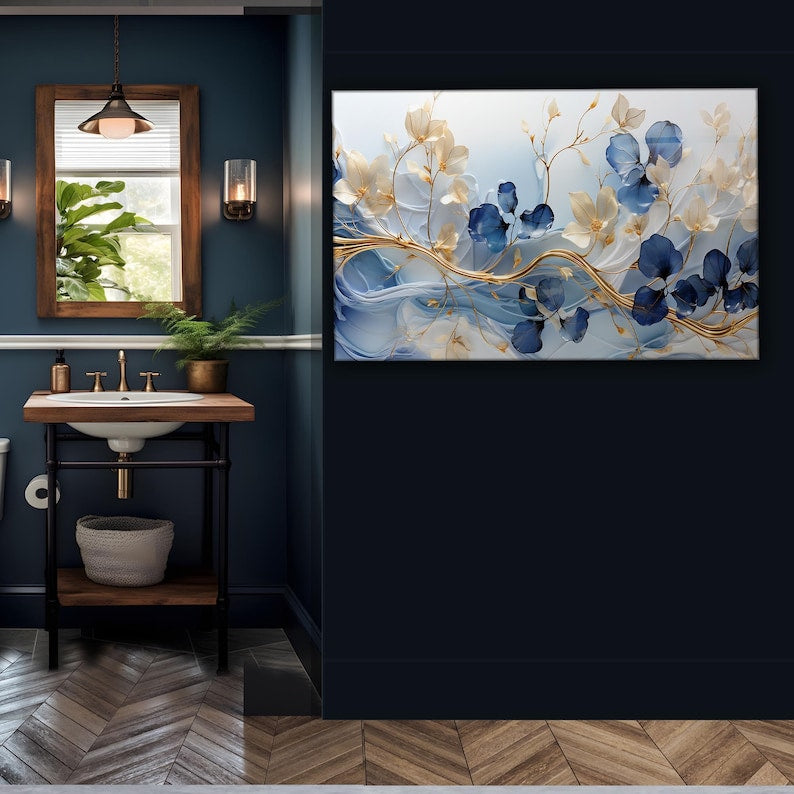 Blue Floral Tempered Glass Wall Art: Modern Panoramic Decor