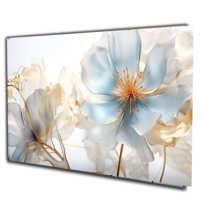 Blue Floral Glass Wall Art – Modern Flower Print Decor