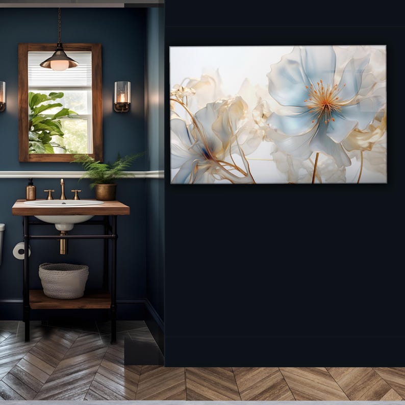 Blue Floral Glass Wall Art – Modern Flower Print Decor