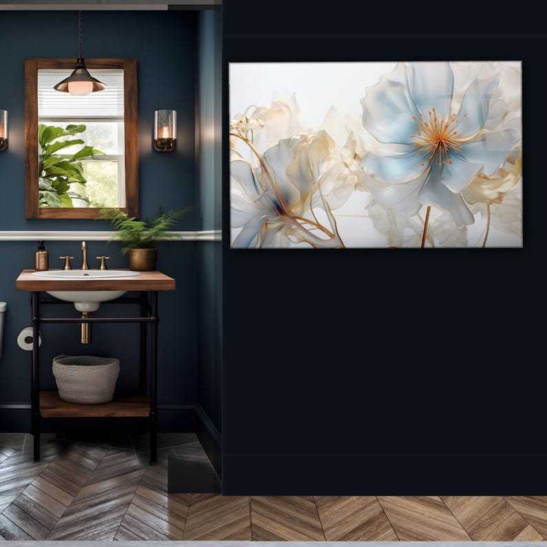 Blue Floral Glass Wall Art – Modern Flower Print Decor