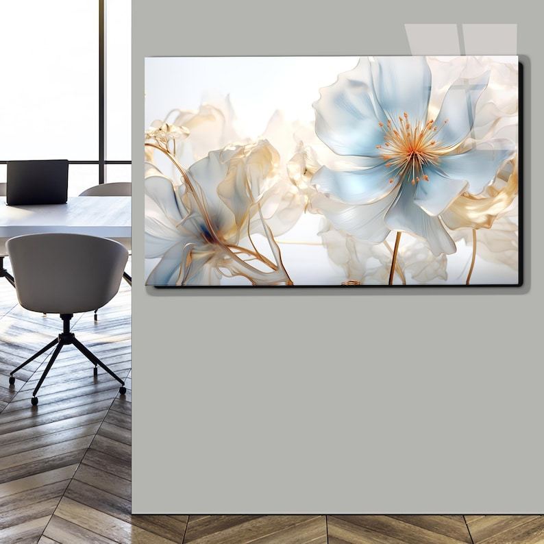 Blue Floral Glass Wall Art – Modern Flower Print Decor