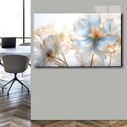 Blue Floral Glass Wall Art – Modern Flower Print Decor
