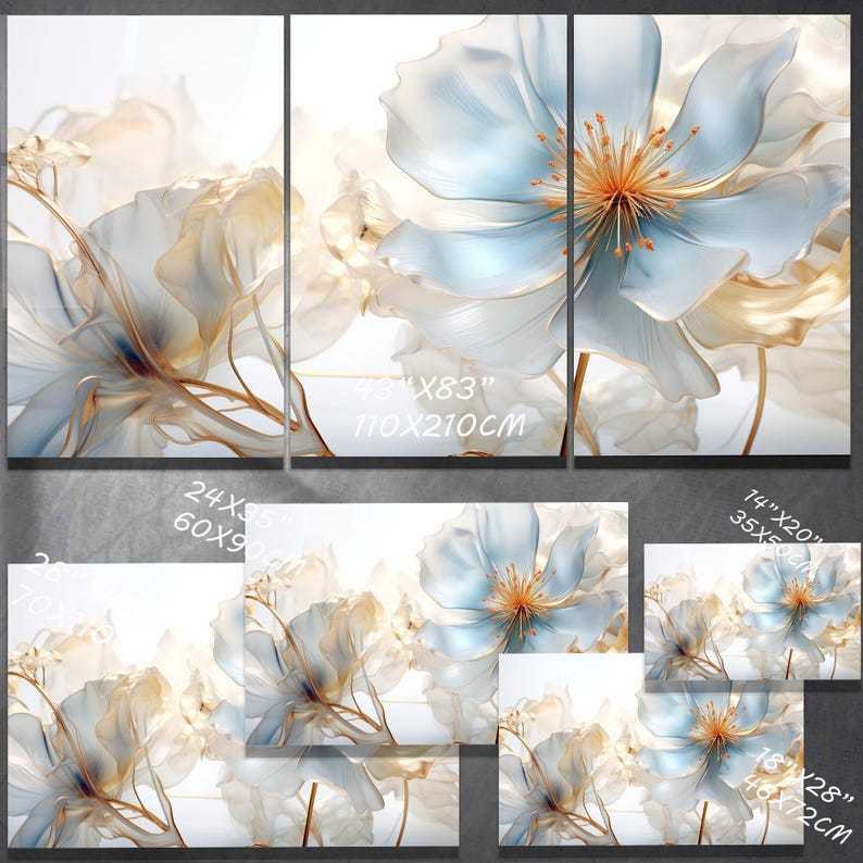 Blue Floral Glass Wall Art – Modern Flower Print Decor