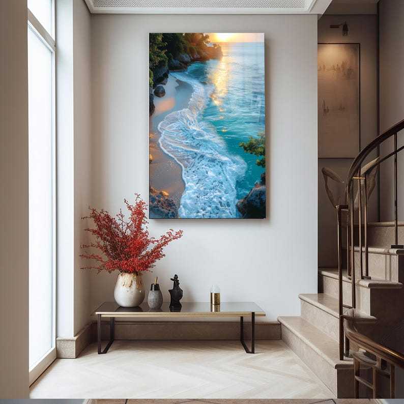 Sunset Beach Glass Wall Art – Coastal Ocean Landscape