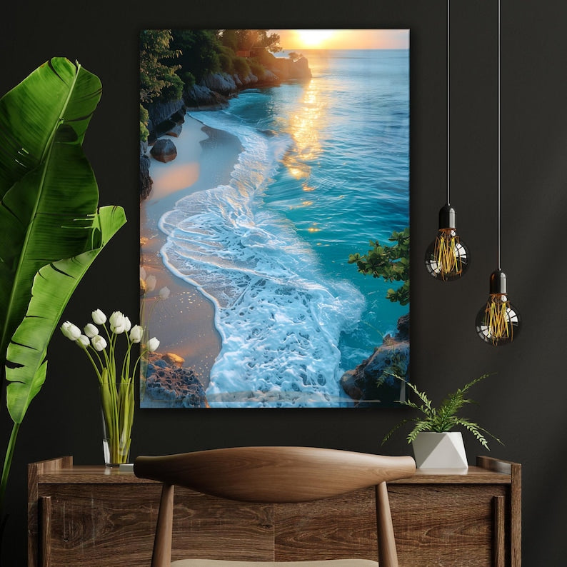 Sunset Beach Glass Wall Art – Coastal Ocean Landscape