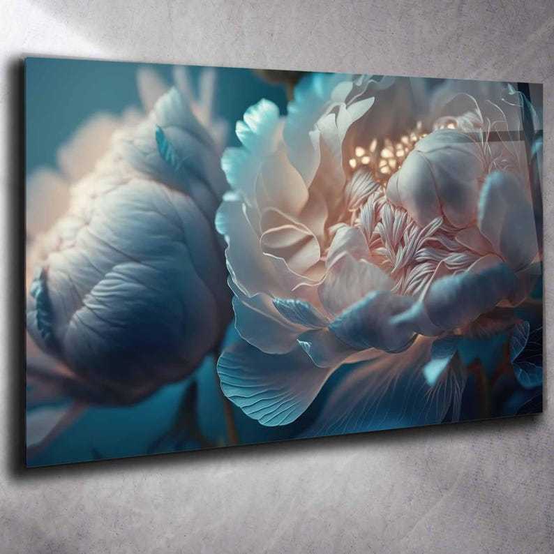 Floral Tempered Glass Wall Art: White Blue Flower Print, Panoramic Decor