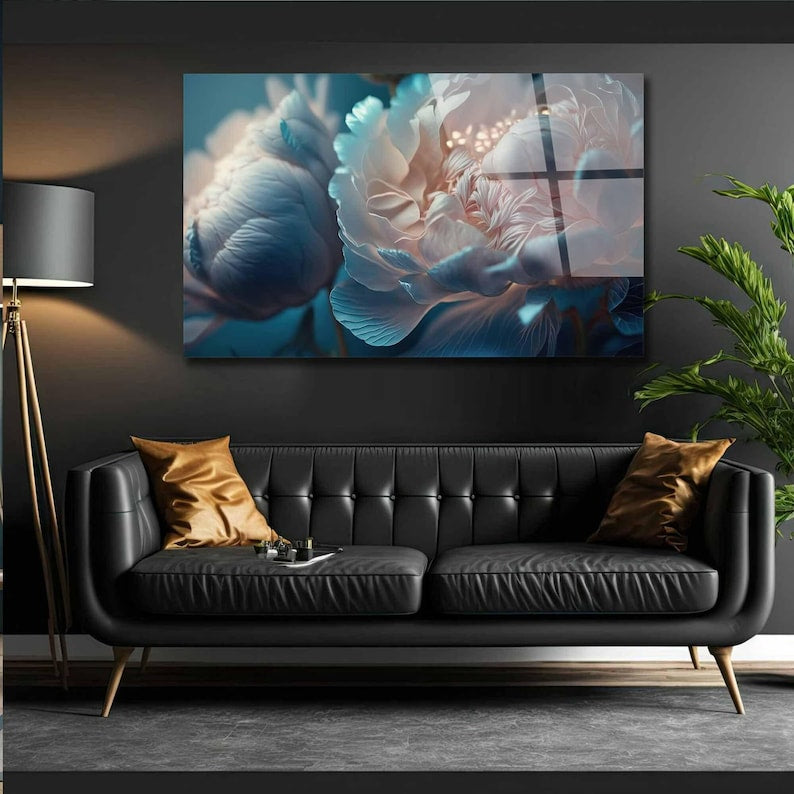 Floral Tempered Glass Wall Art: White Blue Flower Print, Panoramic Decor