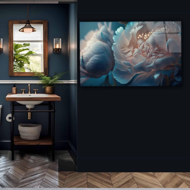 Floral Tempered Glass Wall Art: White Blue Flower Print, Panoramic Decor