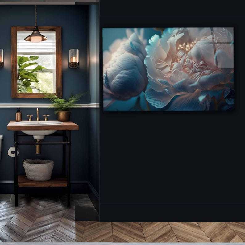 Floral Tempered Glass Wall Art: White Blue Flower Print, Panoramic Decor