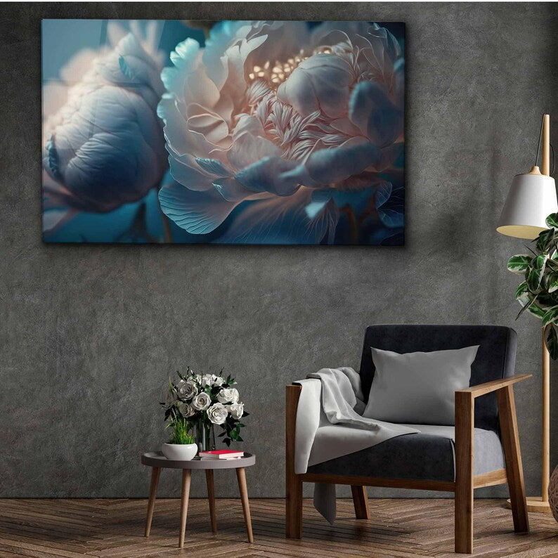 Floral Tempered Glass Wall Art: White Blue Flower Print, Panoramic Decor