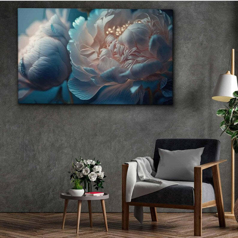 Floral Tempered Glass Wall Art: White Blue Flower Print, Panoramic Decor