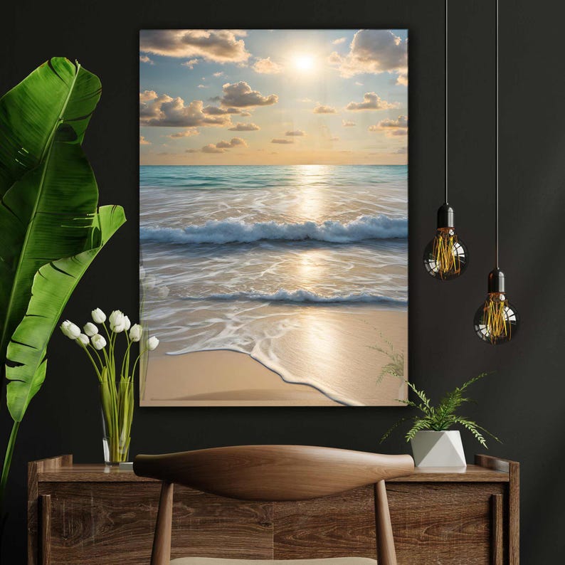 Tempered Glass Wall Art: Serene Ocean Sunrise, Beach Decor