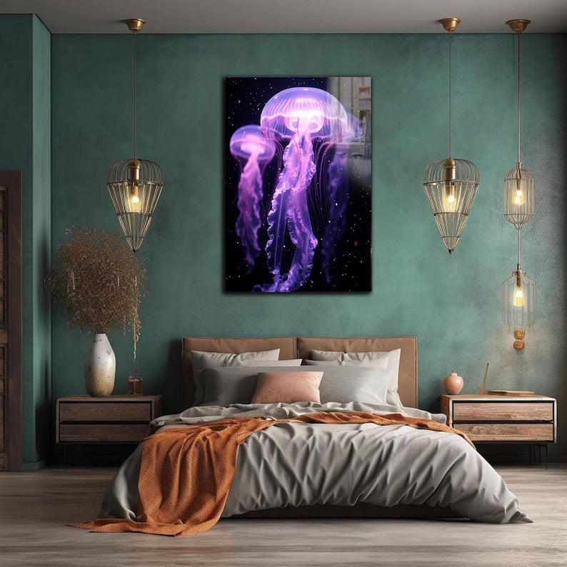 Neon Jellyfish Tempered Glass Wall Art: Modern Marine Decor