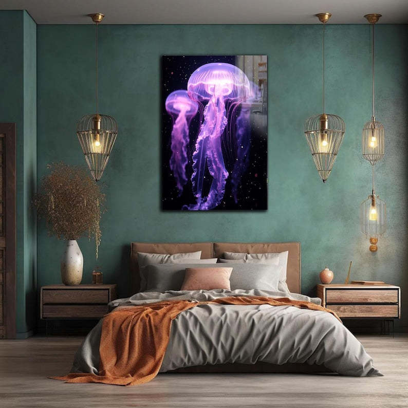 Neon Jellyfish Tempered Glass Wall Art: Modern Marine Decor