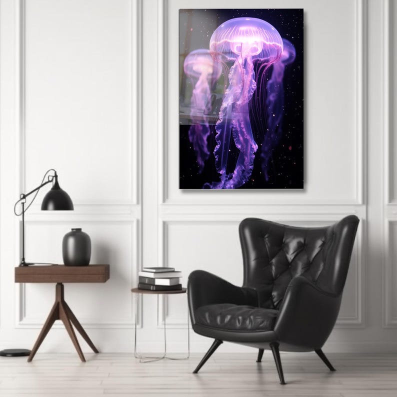 Neon Jellyfish Tempered Glass Wall Art: Modern Marine Decor