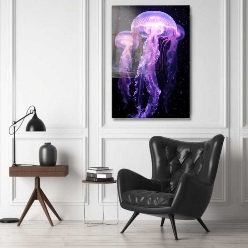 Neon Jellyfish Tempered Glass Wall Art: Modern Marine Decor