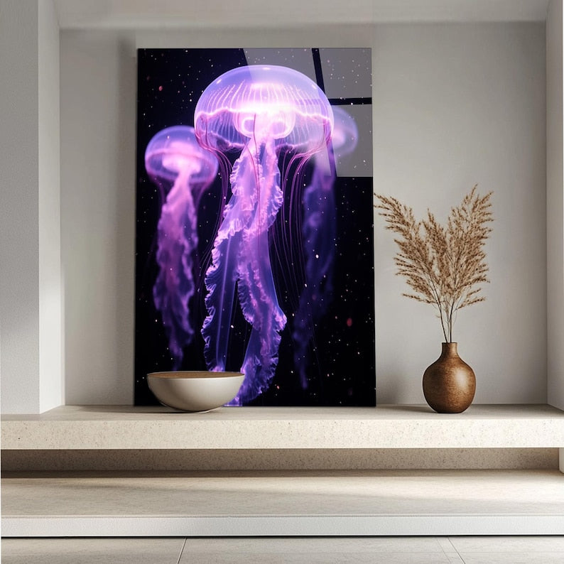 Neon Jellyfish Tempered Glass Wall Art: Modern Marine Decor
