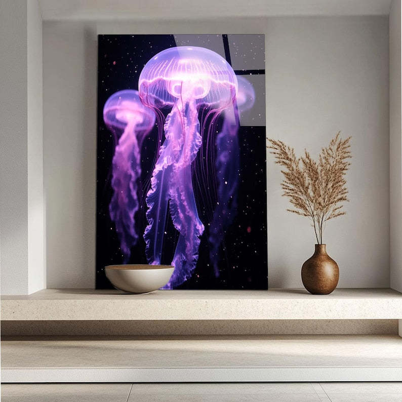 Neon Jellyfish Tempered Glass Wall Art: Modern Marine Decor