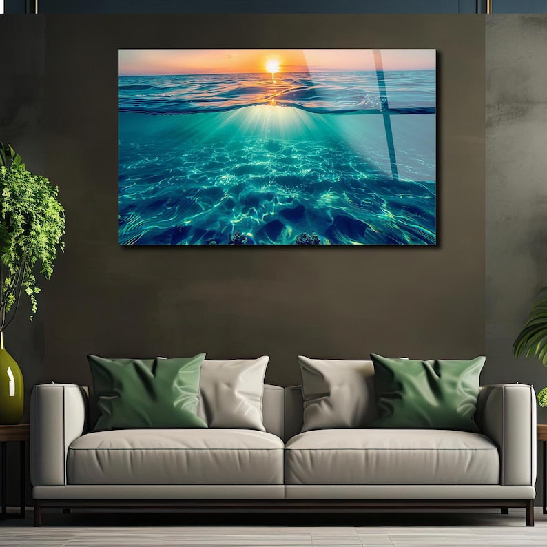Ocean Sunset Tempered Glass Wall Art, Coastal Beach House Decor